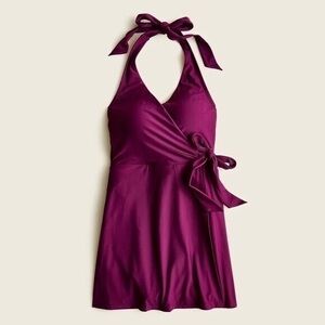 J. Crew 6 Iris Purple‎ Plum Tie Waist Halter Skirted Swimsuit One Piece Modest